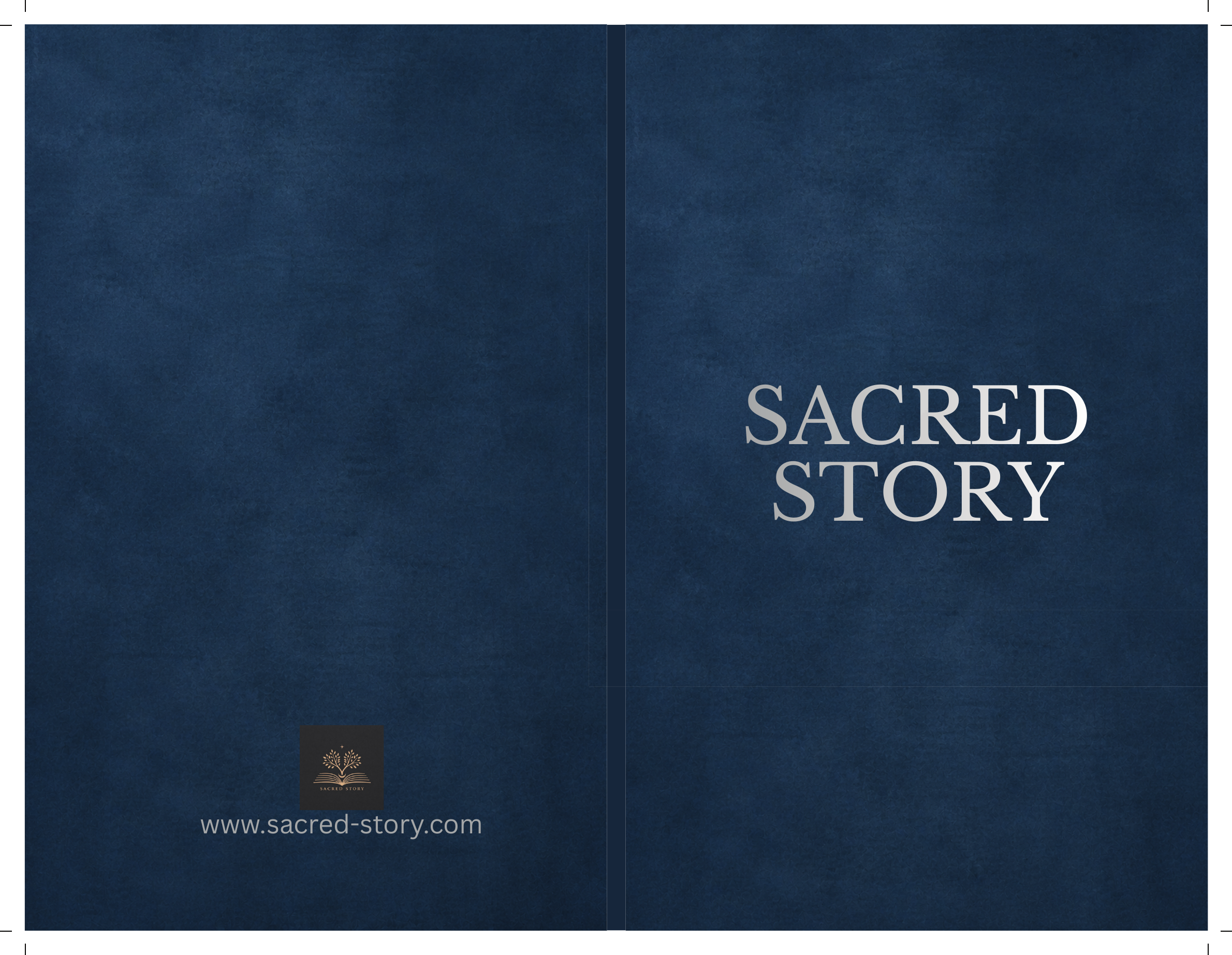 Navy cover spread for the printed Sacred Story book.