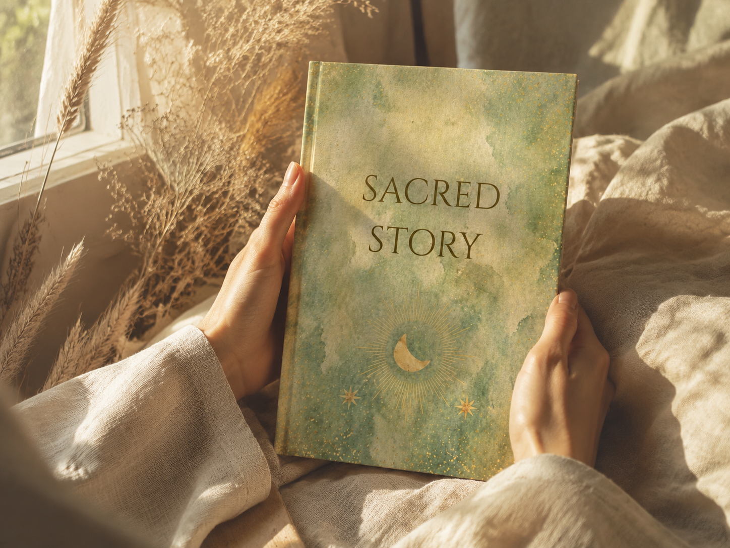 A reader holding the Moonwater edition of Sacred Story in soft natural light.