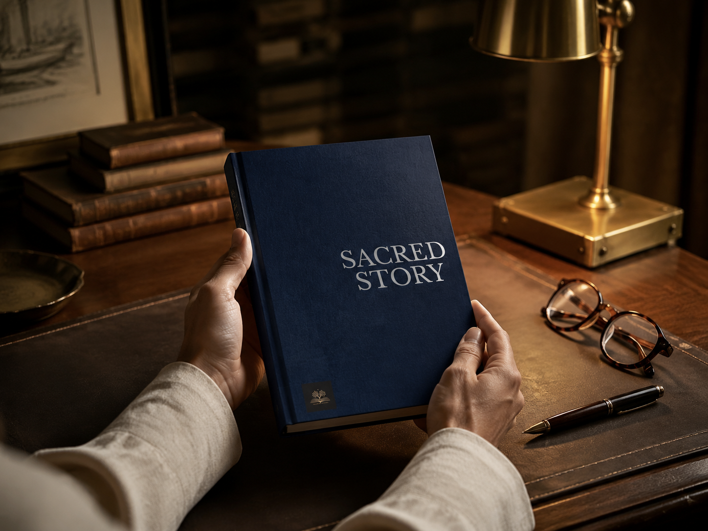 A reader holding the Navy edition of Sacred Story in soft natural light.