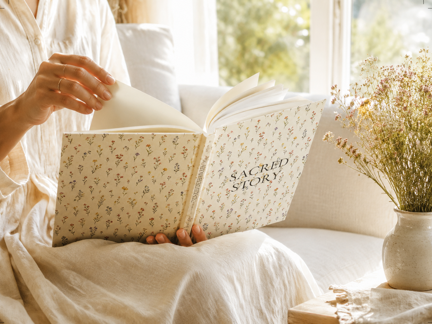 A reader holding the Wildflower edition of Sacred Story in soft natural light.
