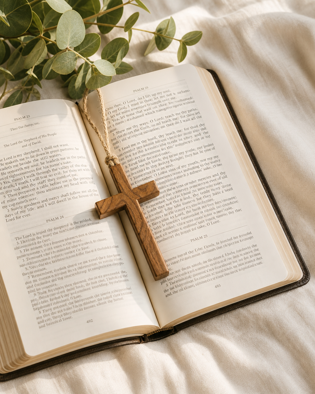 An open Bible on linen with an olive-wood cross and a sprig of eucalyptus.