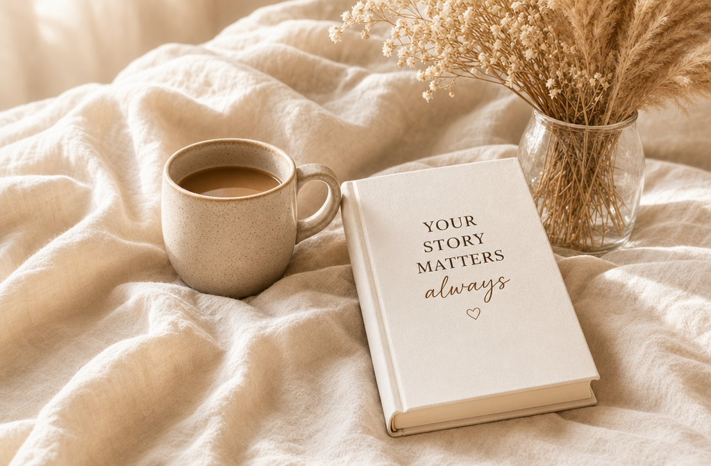 A cream linen bed with dried flowers, a mug of coffee, and a book reading Your Story Matters always.