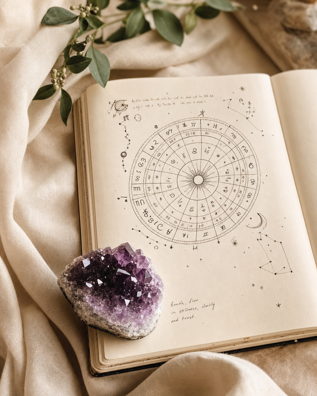 An open journal showing a hand-drawn astrology chart with an amethyst crystal resting on it.